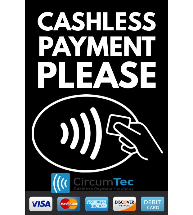 Cashless Payment Please signage for a vending machine showing the contactless tap symbol and accepted Visa, Mastercard, American Express, Discover and debit cards