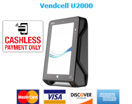 Vendcell U2000 Vendcell U2000 cashless-only credit card reader module fitted to a vending machine, accepting Mastercard, Visa, Discover and American Express