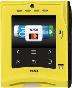 Nayax VPOS Touch cashless credit card reader for vending machines in Australia, showing Visa, Mastercard and American Express tap payment on a colour touchscreen