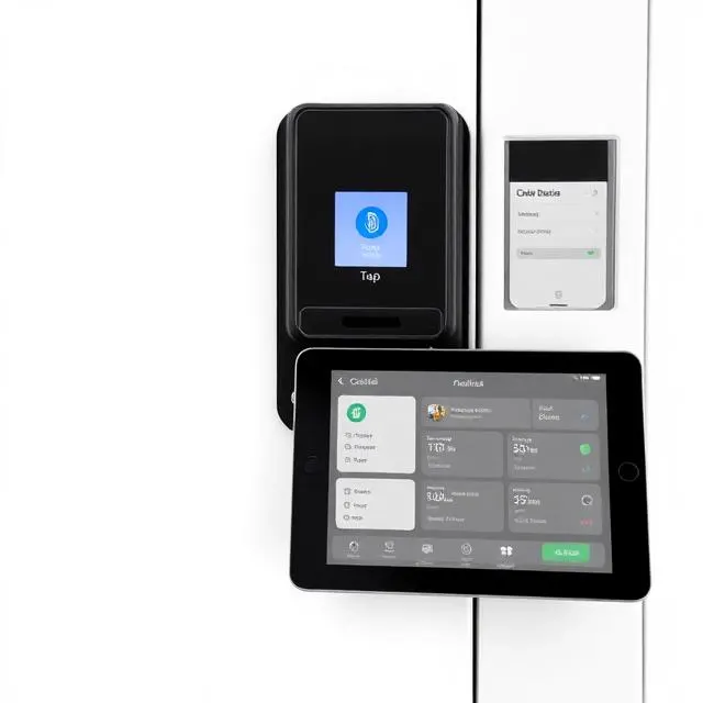 Cantaloupe Seed style cashless vending payment terminal with contactless tap symbol beside a tablet showing vending route management and sales telemetry dashboards